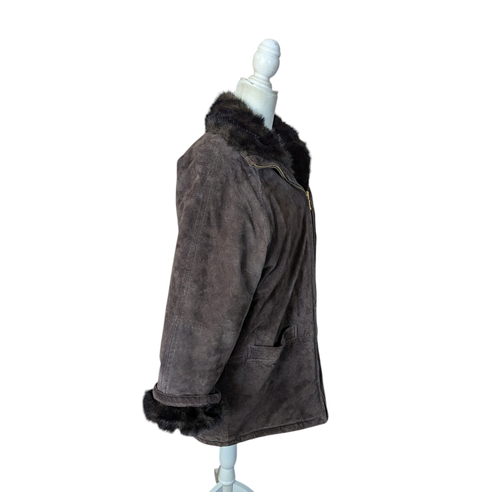 Reversible Chocolate Brown Suede & Plush Faux Mink Coat Luxe Winter Old Money L - Picture 4 of 12